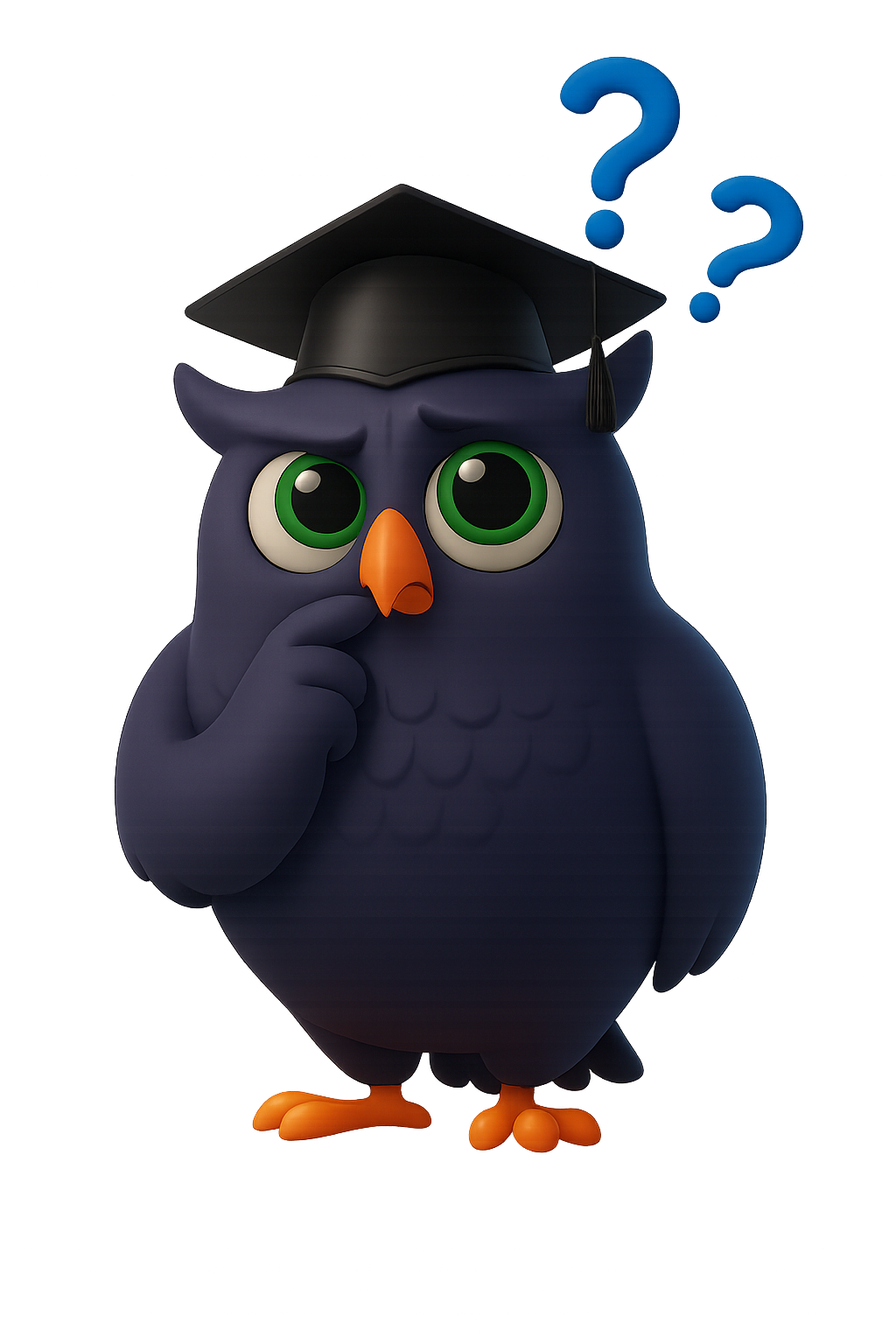 Desenho de coruja mascote da Genial Teachers pensando em livros sobre curso de inglês