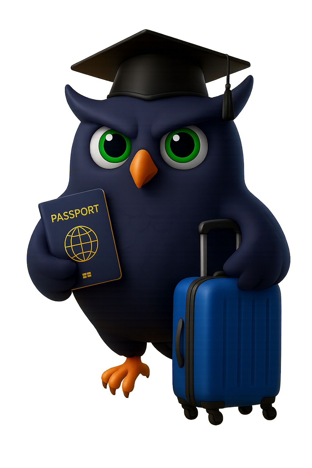 Desenho de mascote da Genial Teachers em ponto turístico, representando foco em inglês para viagens
